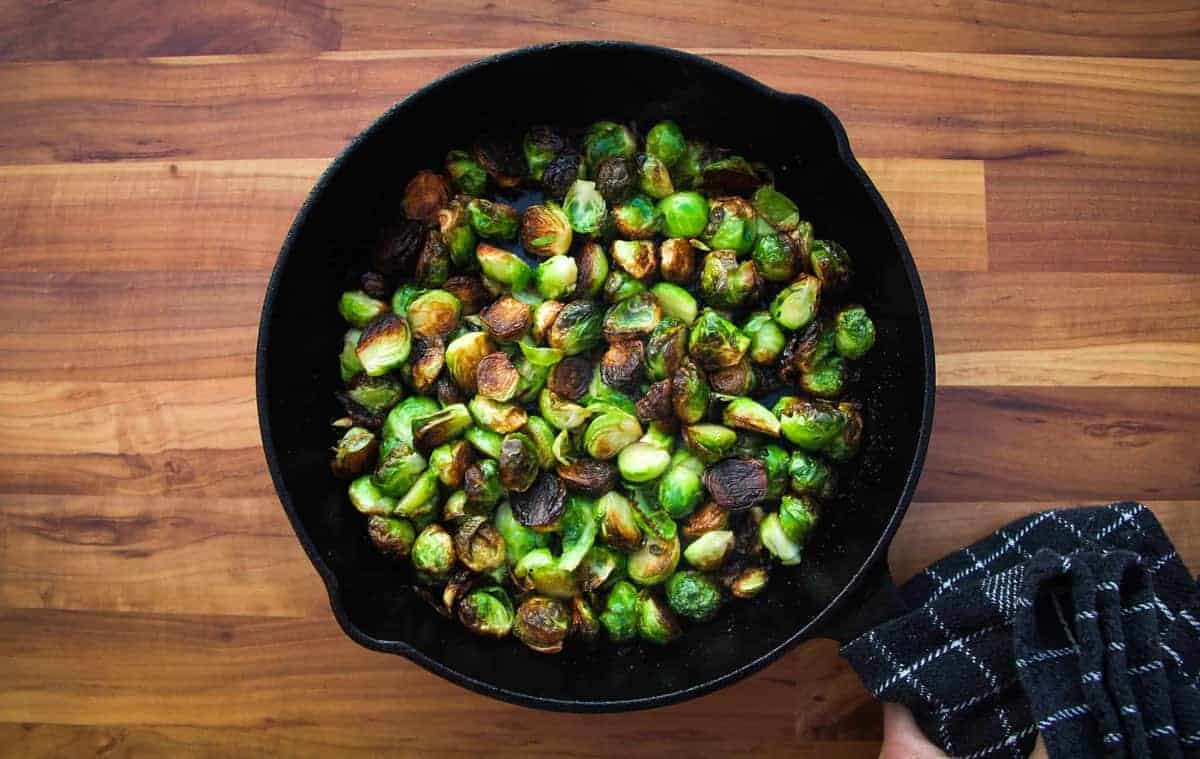 Getting a nice golden colour on the brussel sprouts in the pan.