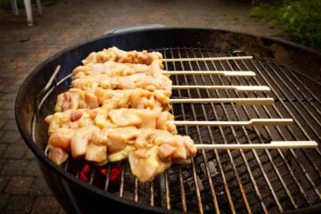 Grilling the chicken skewers on the hottest part of the grill.