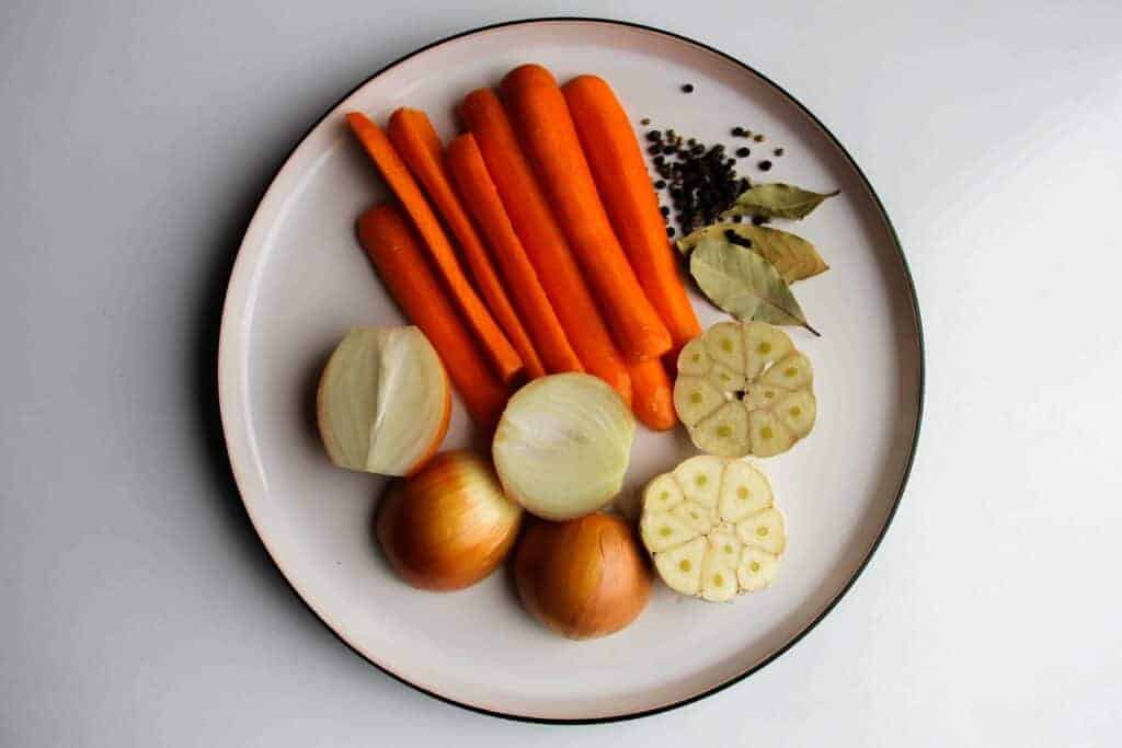 The vegetables and spices ready for the chicken stock