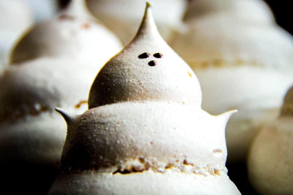 A close up of the face of the ghost meringue