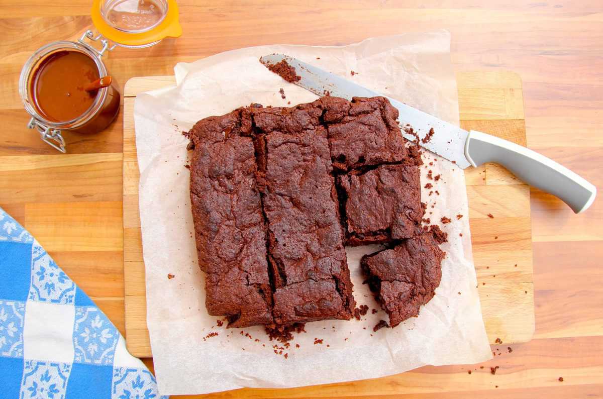 Finished brownies cut into squares.