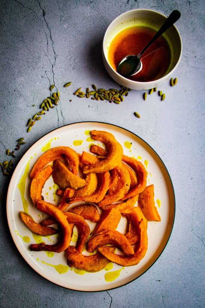 Roasted Kabocha Squash with Cardamom-infused oil on the side.