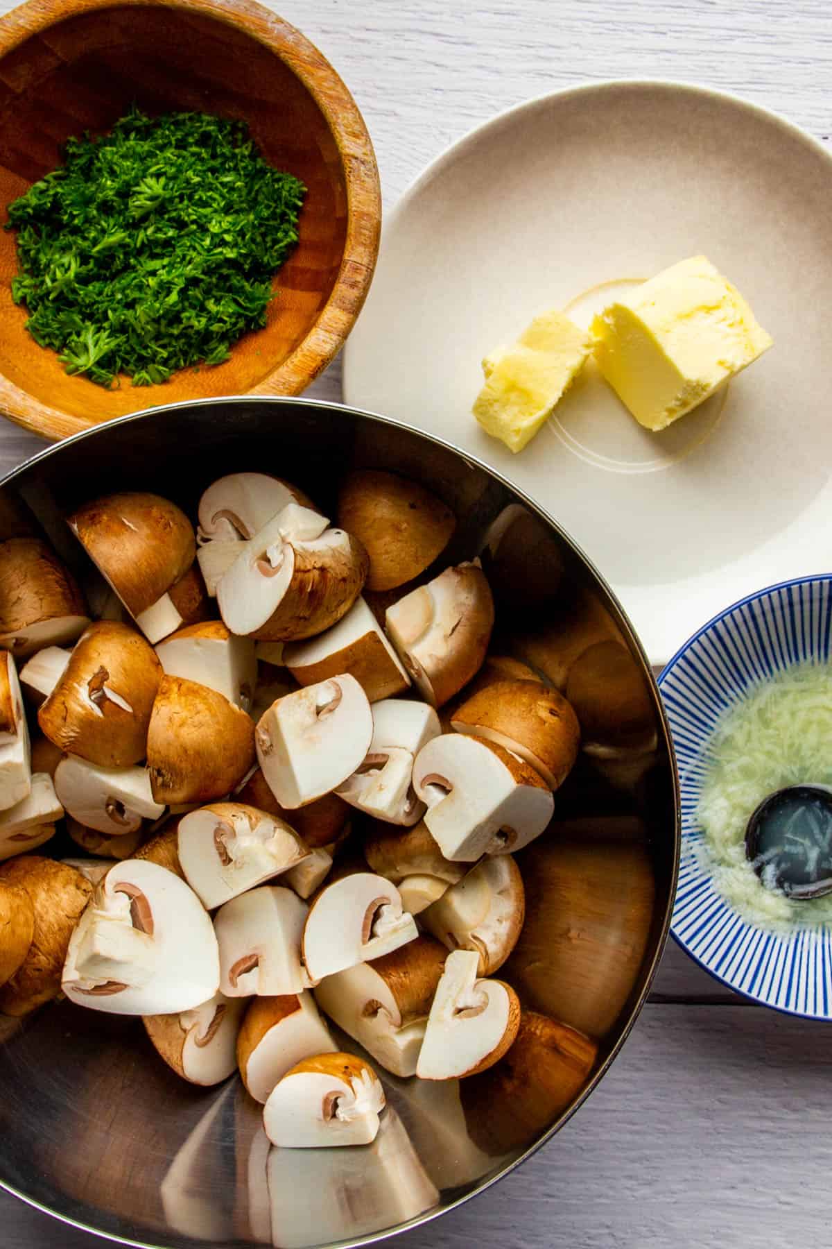 All of the ingredients ready to go for cooking the mushrooms.