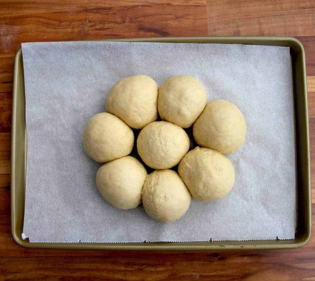 The balls attached together on a tray.