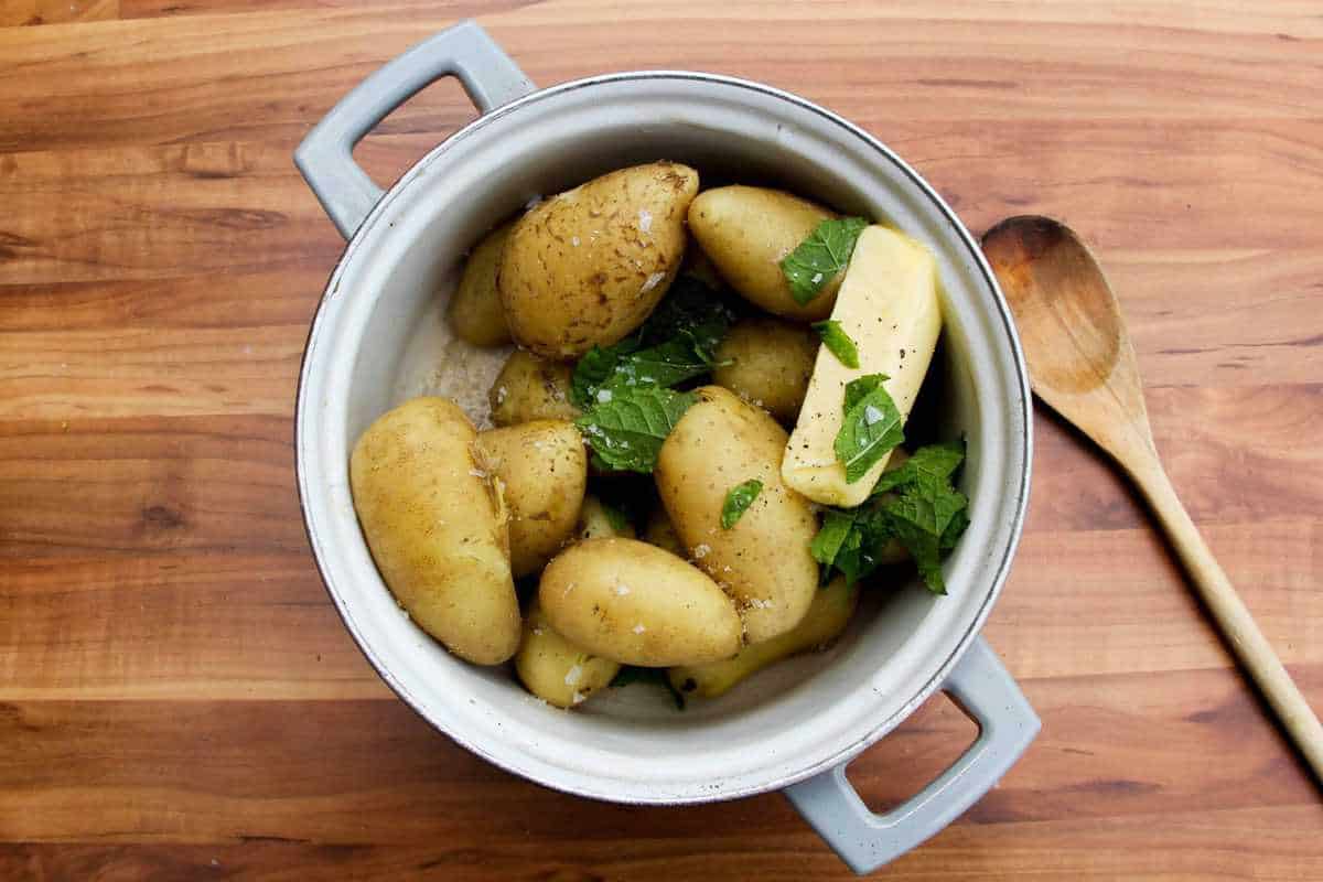 Boiled new potatoes with butter and mint.