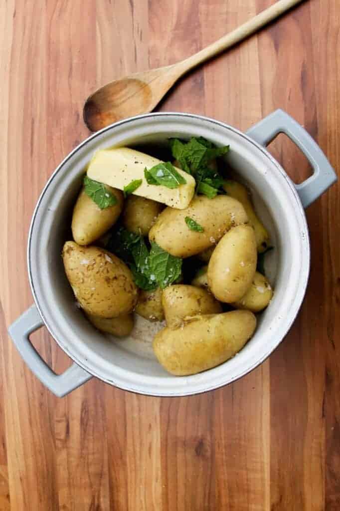 Boiled new potatoes with butter and mint.