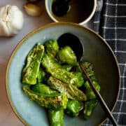 Padron peppers in a bowl with ginger garlic and lime zest.