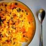 Butternut squash pasta with chili and toasted pumpkin seeds.