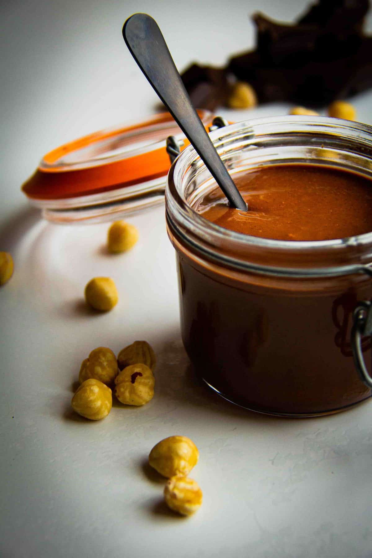 Vegan nutella in a mason jar.