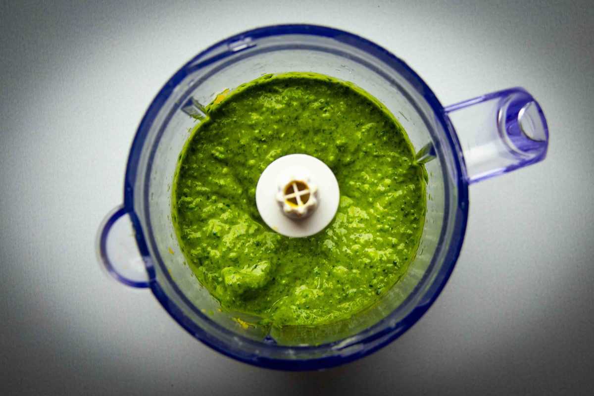 The finished pesto in the food processor.