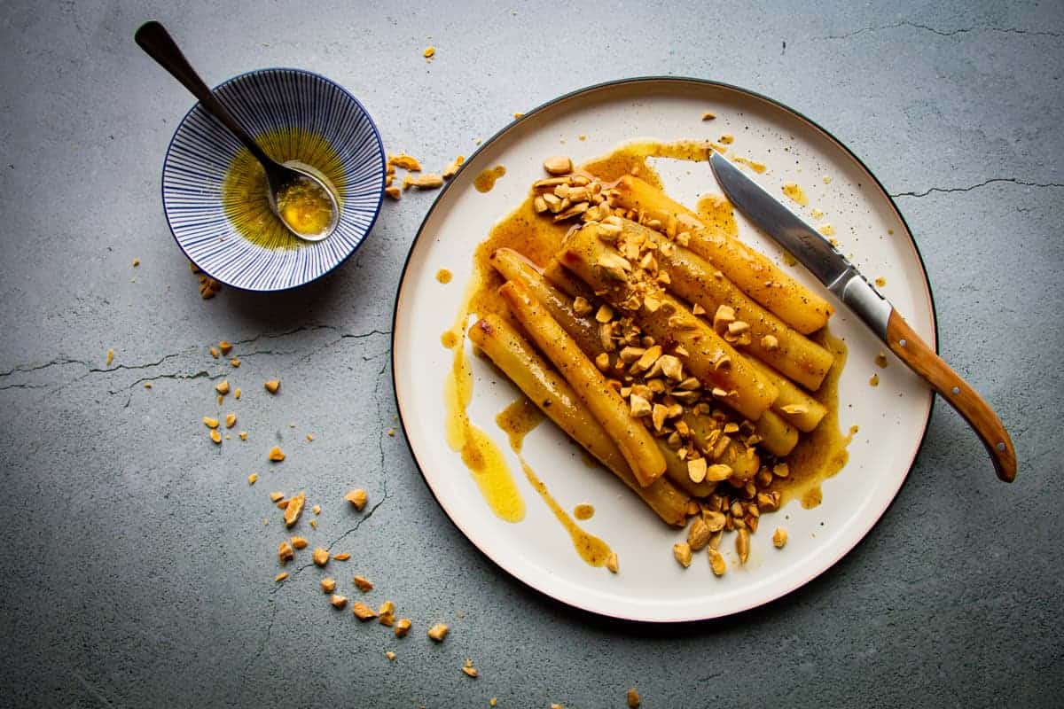 Black salsify with almonds, brown butter, honey and black pepper.