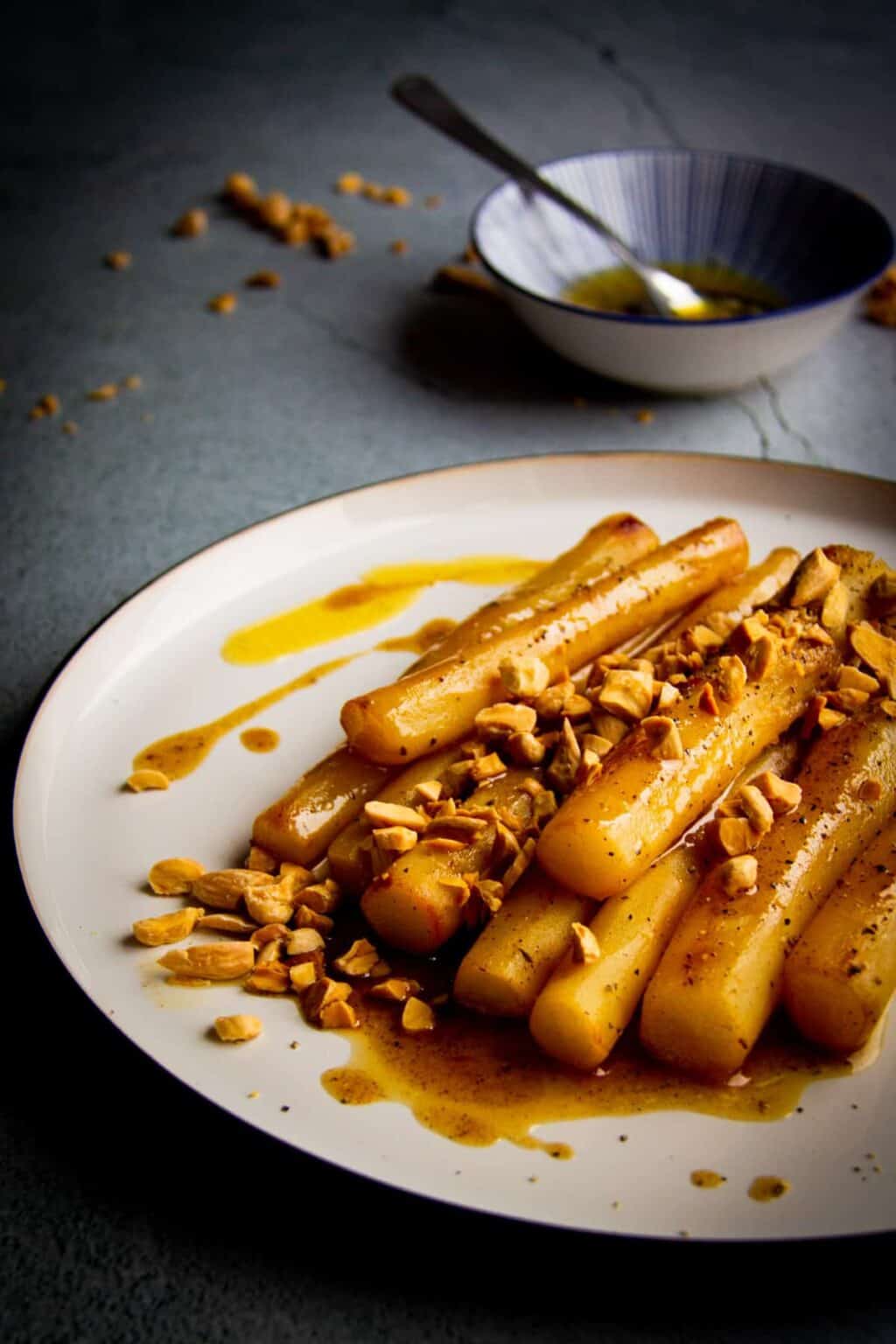Black Salsify with Toasted Almonds, Honey and Black Pepper Braised