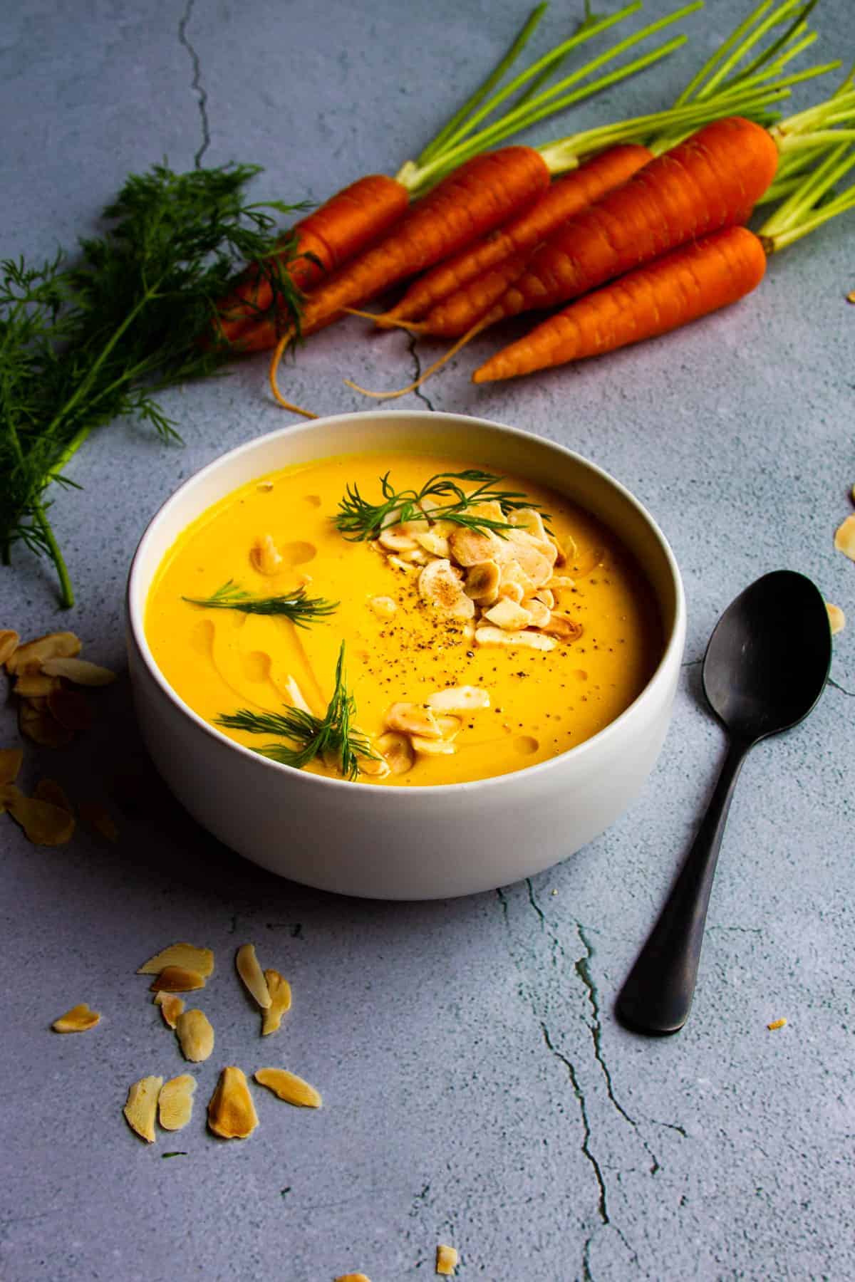 Vegan Carrot Ginger Soup with Dill + Toasted Almonds