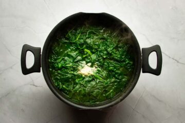 Boiling the spinach in a large pot of salted water.