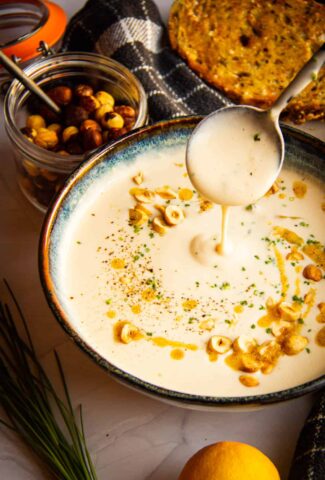 white asparagus soup with brown butter and hazelnuts
