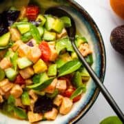 Salmon ceviche in a bowl.
