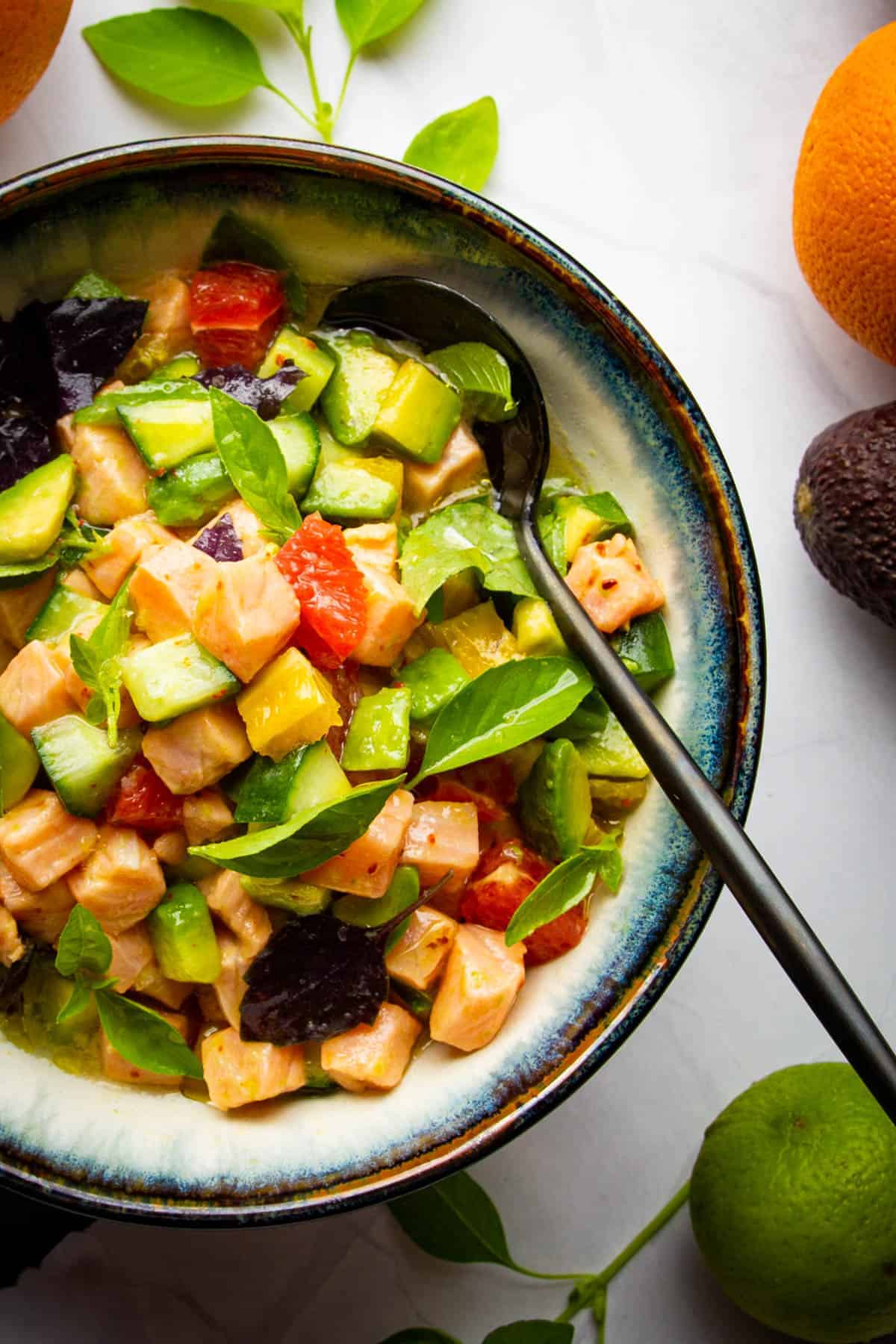 Salmon ceviche in a bowl.