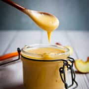 White peach puree in a mason jar.