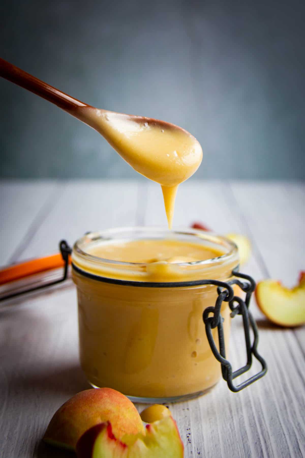 White peach puree in a mason jar.