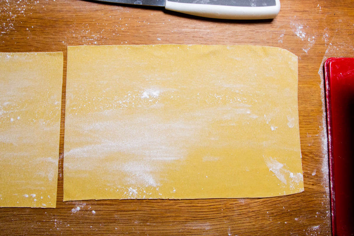 The pasta cut into sheets.