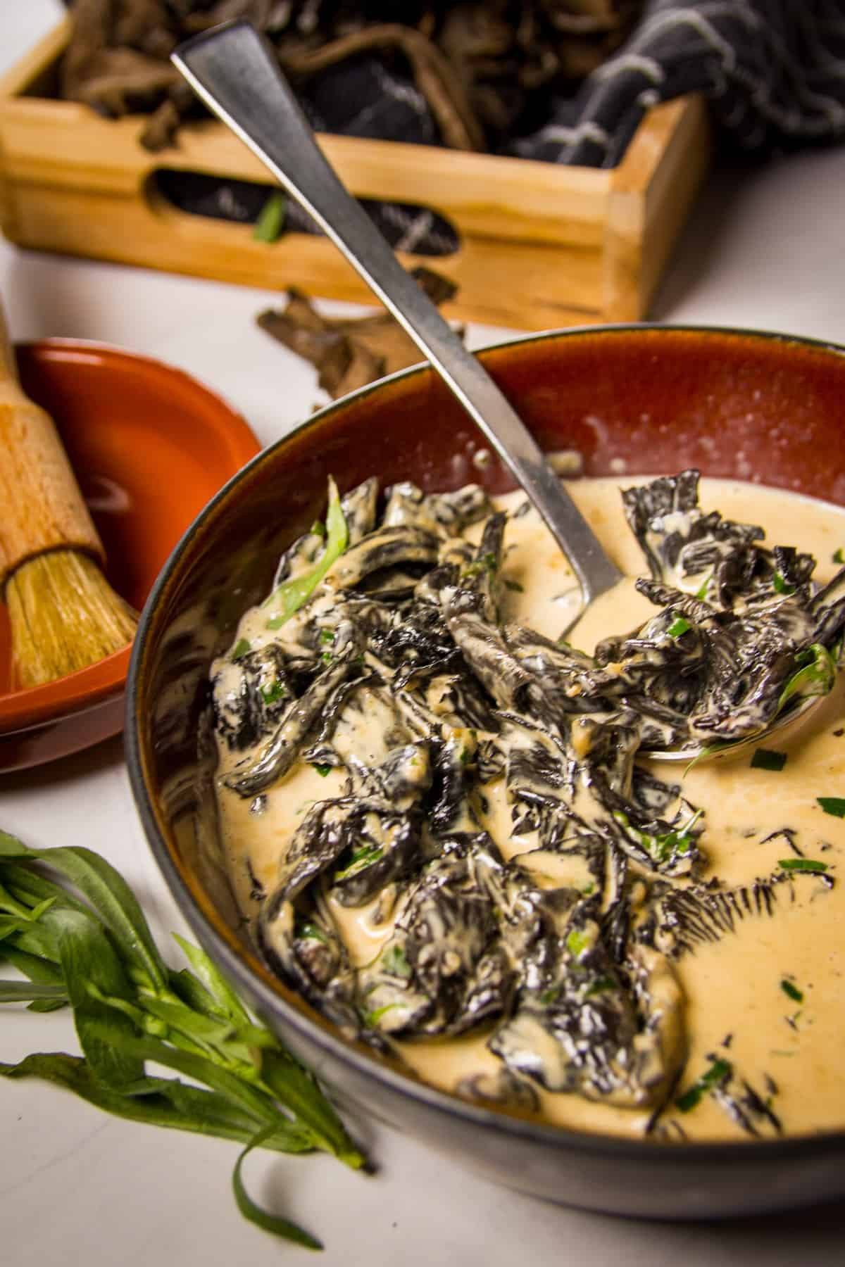 A bowl of black trumpet mushroom cream.