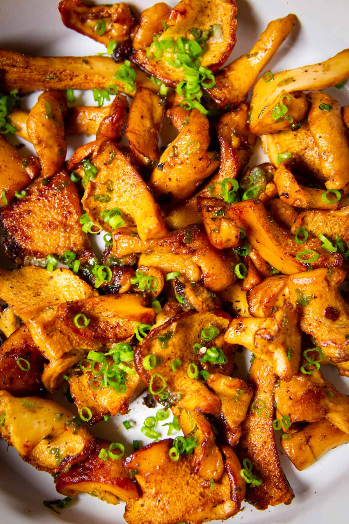 A close up of cooked hedgehog mushrooms with butter, garlic and chives.