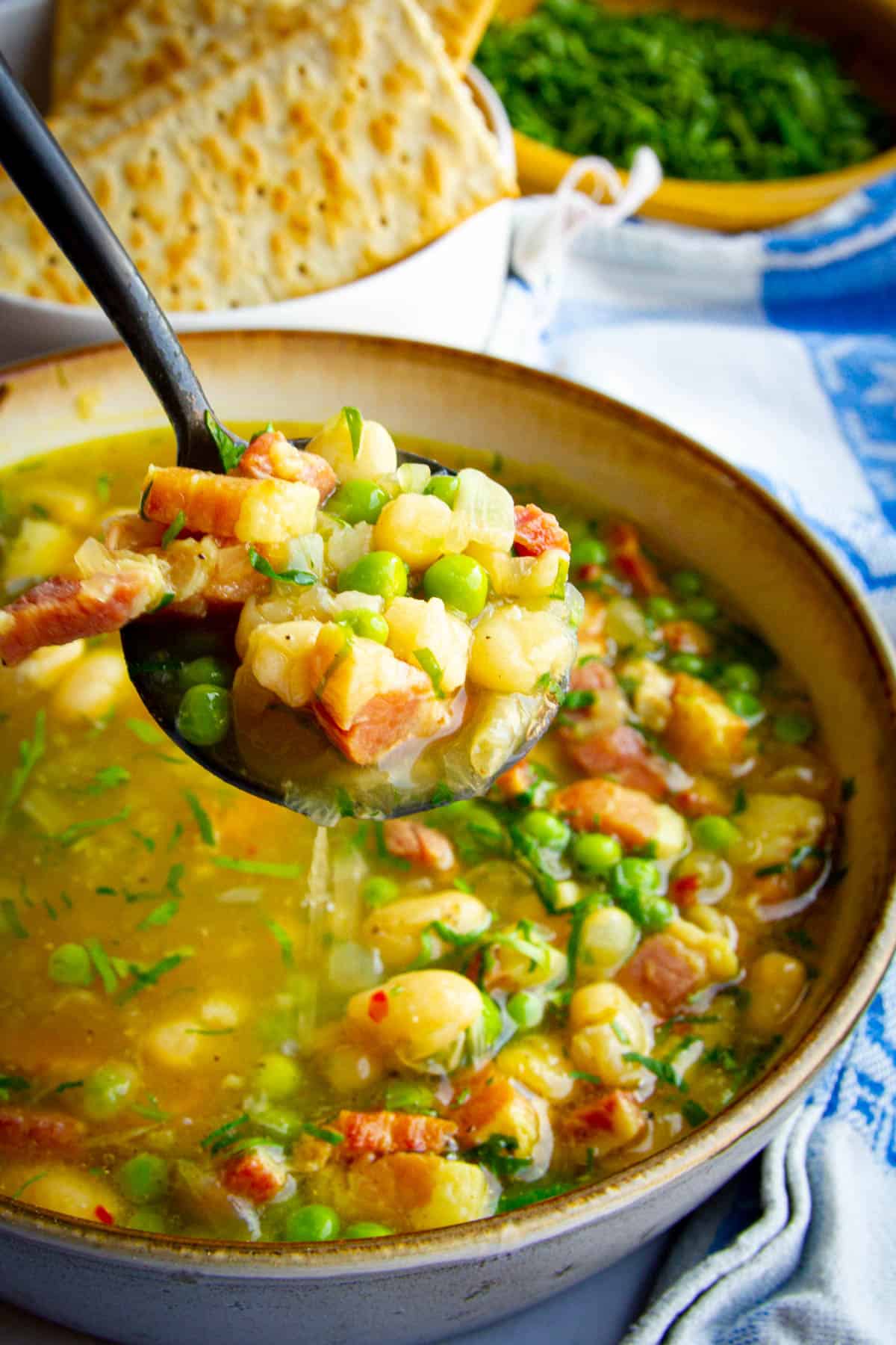 A spoonful of the navy bean soup with the Instant pot in the background.