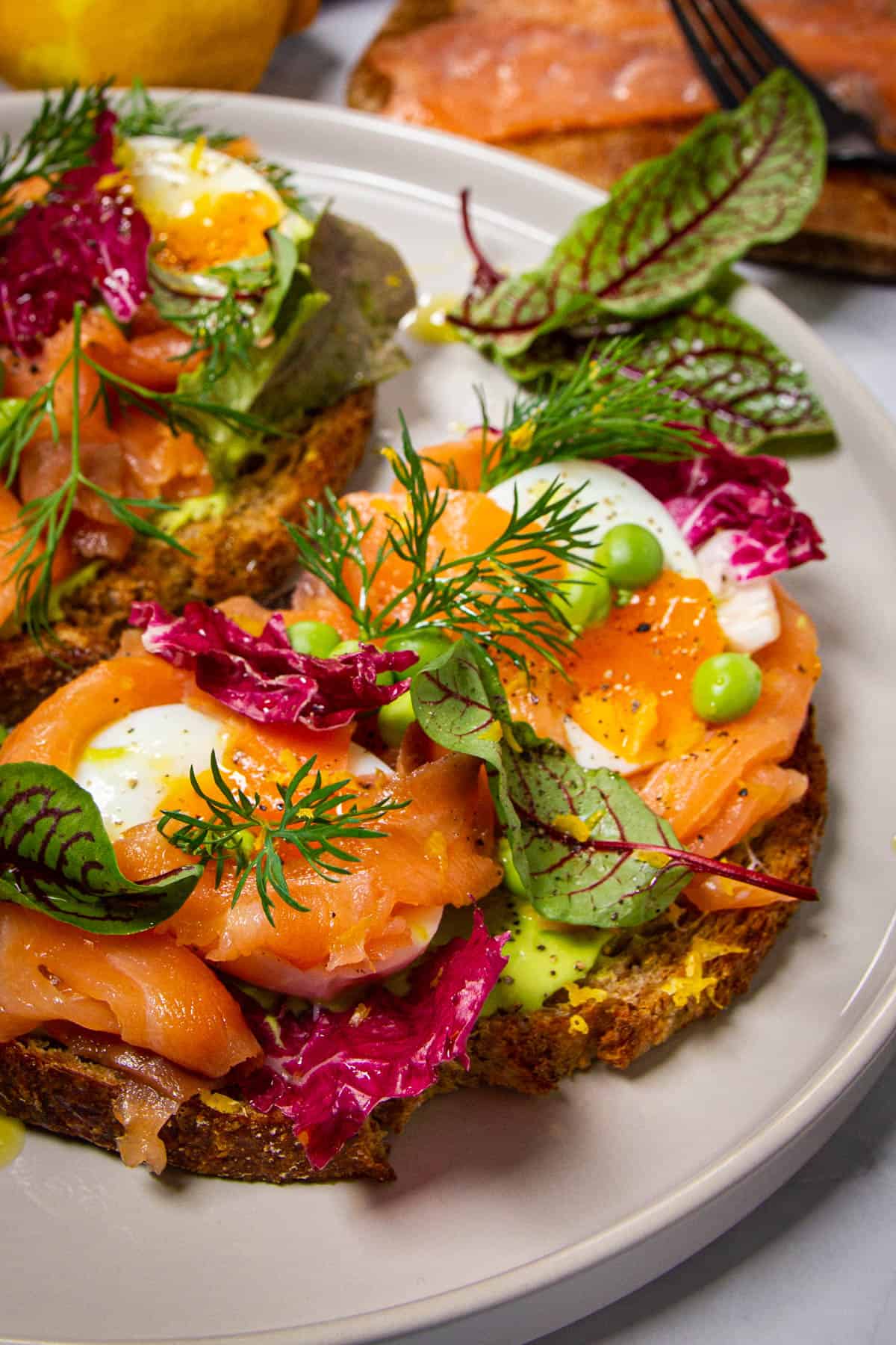 A close up shot of the smoked salmon toast.