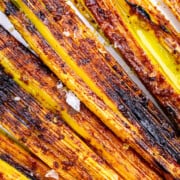 Close up shot of my smoked and roasted leeks on a plate.