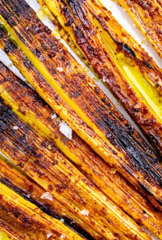 Close up shot of my smoked and roasted leeks on a plate.