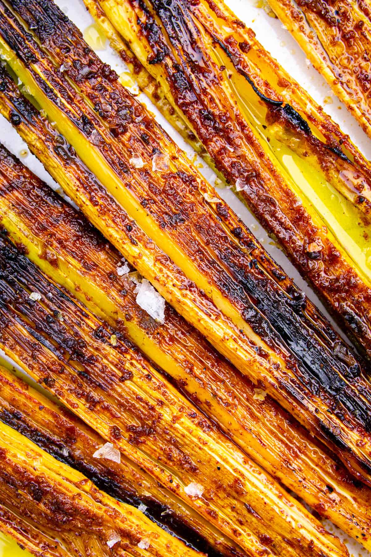 Close up shot of my smoked and roasted leeks on a plate.