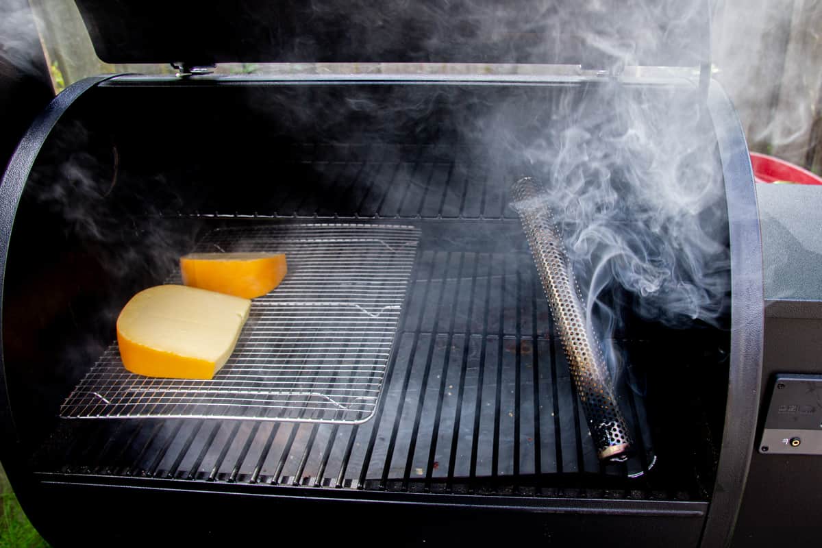 The cheese smoking far away from the smoker.
