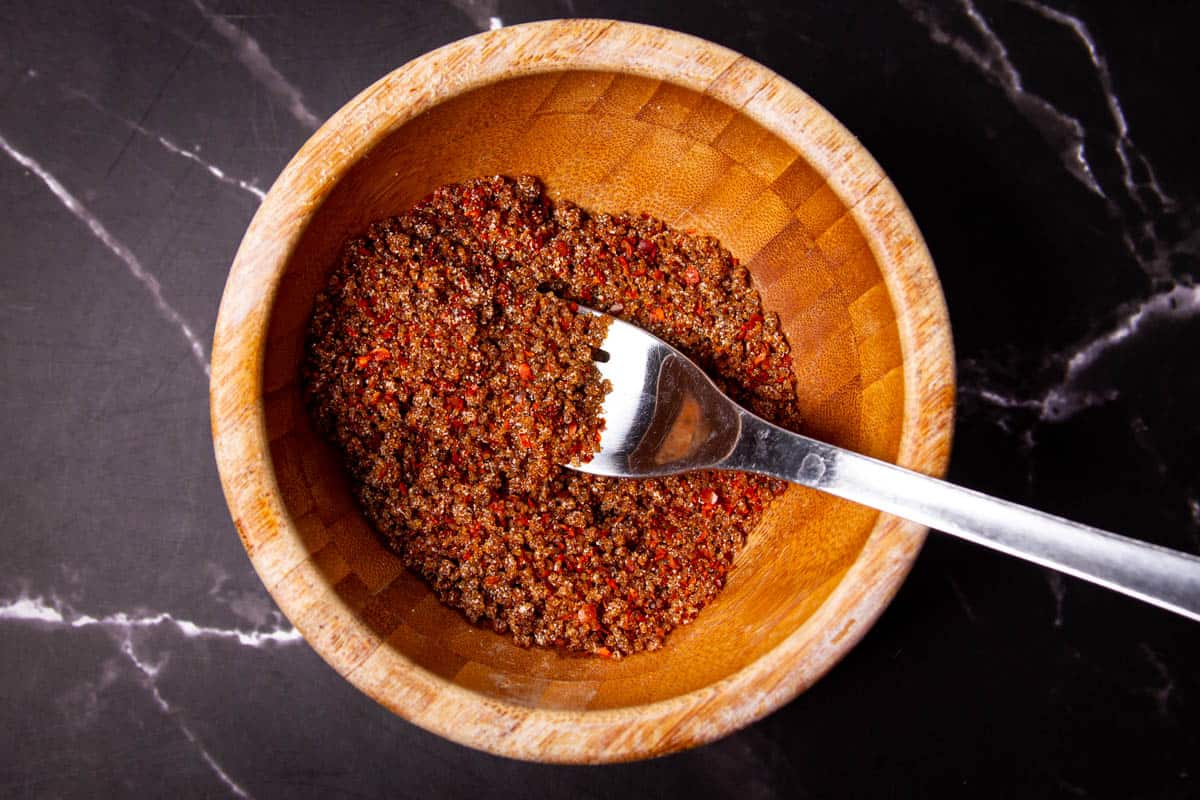 A close up of the spice rub in a bowl.