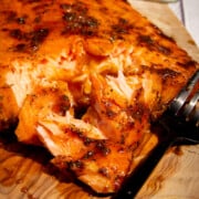 A close up photo of the hot smoked Traeger salmon.