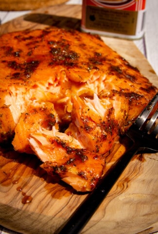 A close up photo of the hot smoked Traeger salmon.