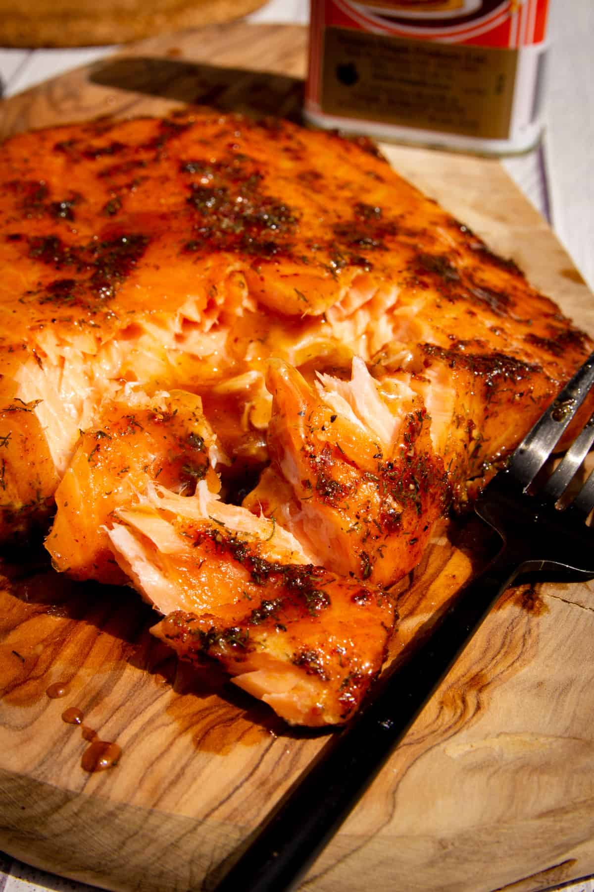 A close up photo of the hot smoked Traeger salmon.