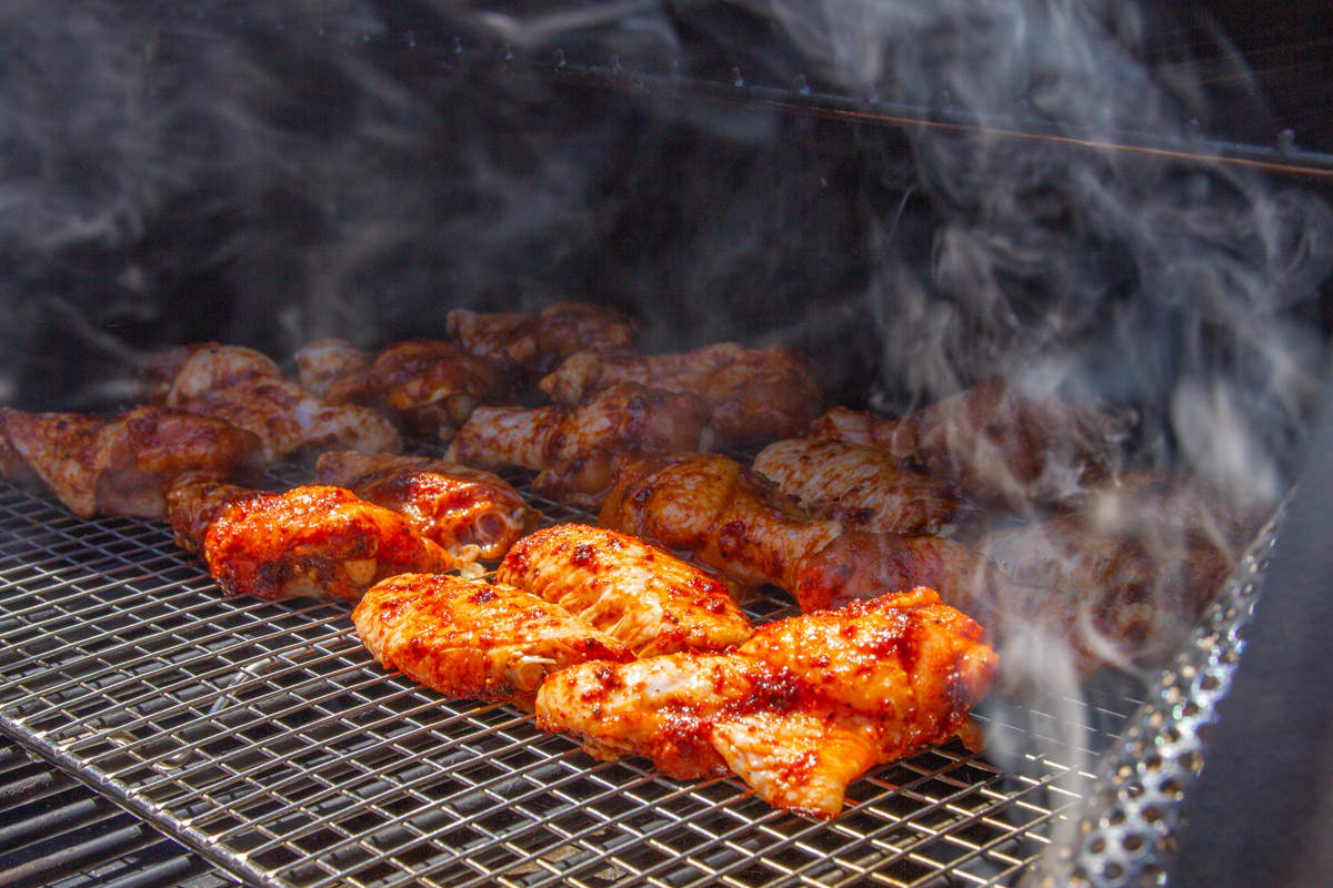 Smoking the wings on the Traeger.