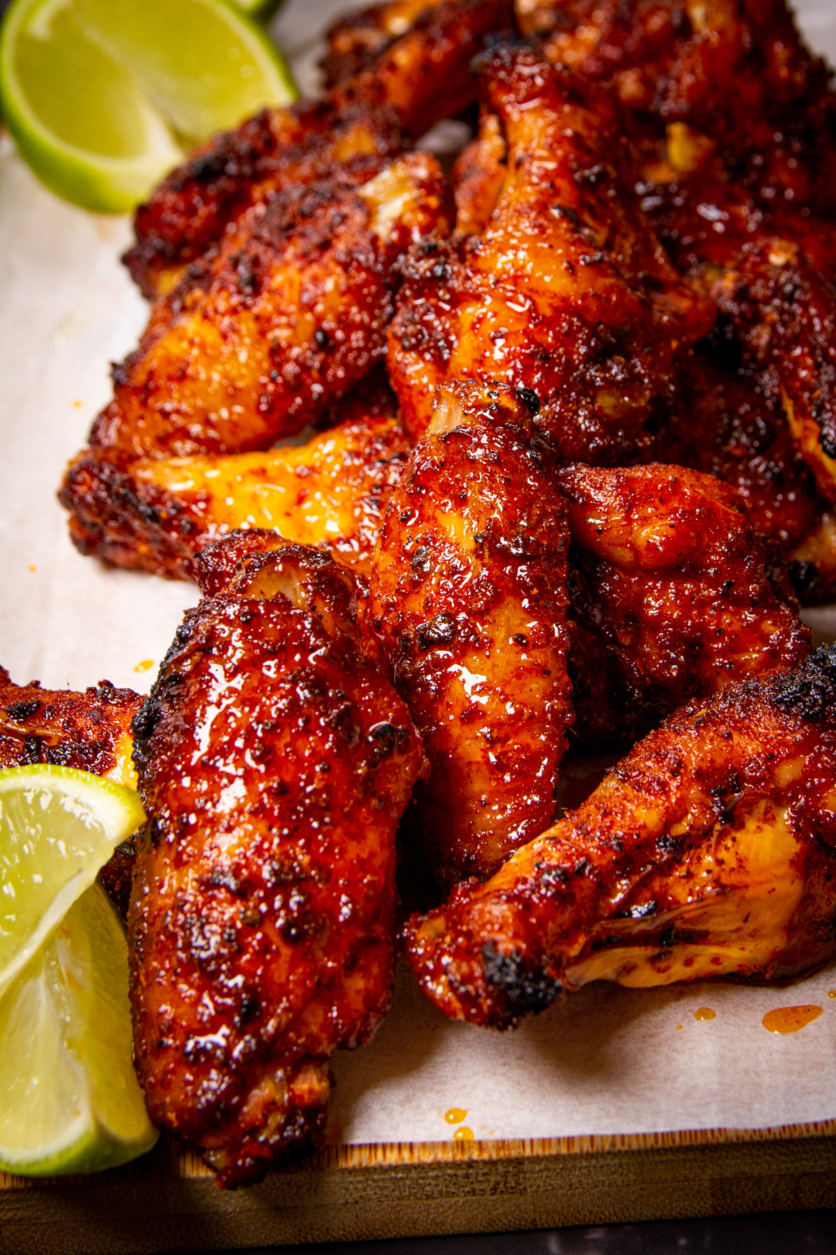 A close up of some smoked Traeger wings piled on a board with lime wedges beside.