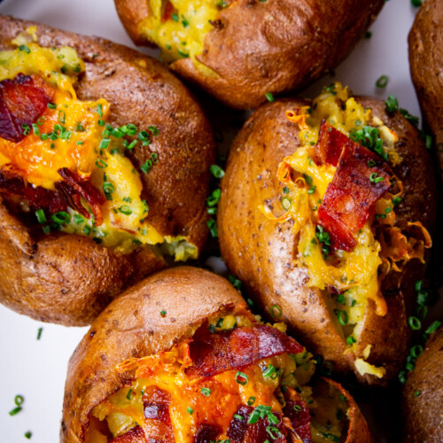 Traeger smoked baked potatoes on a plate.