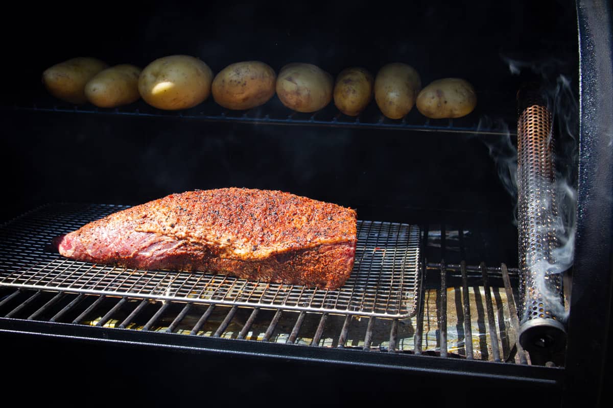 Smoking the tri tip on the Traeger with a pellet tube smoker.