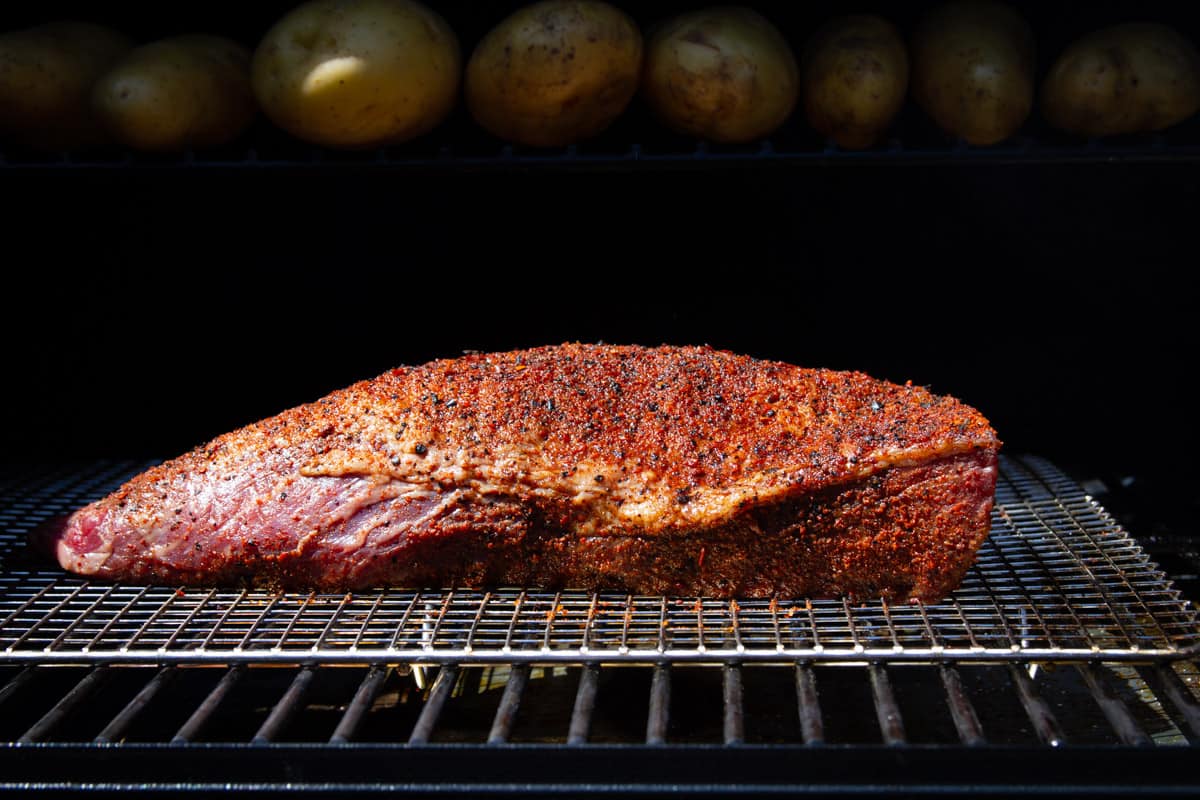 The smoked tri tip sitting on the Traeger.