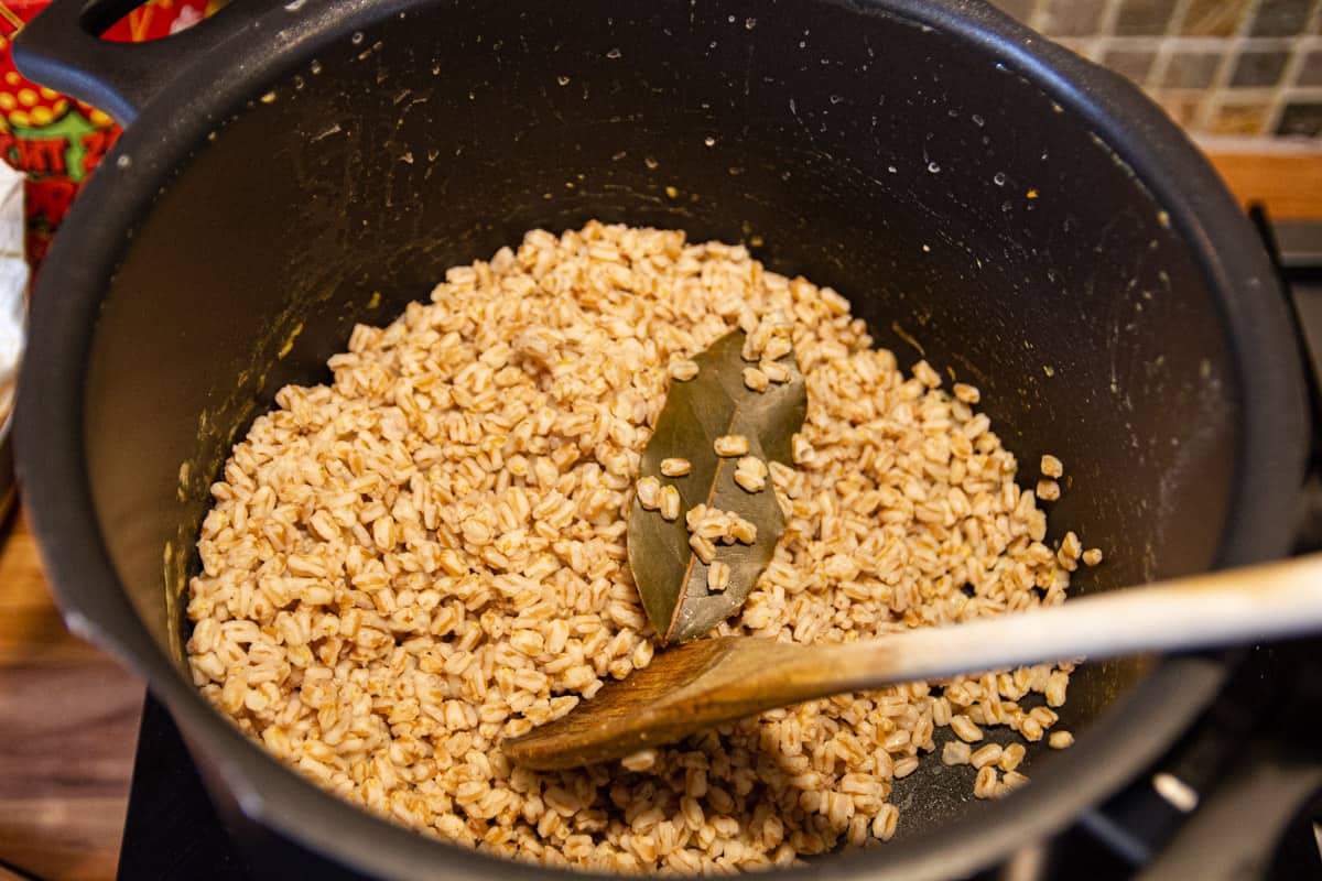 The strained spelt in the pan.